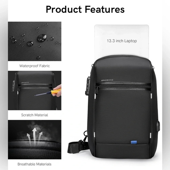 Kingsons Laptop Sling Backpack  13 Inch Waterproof Nylon Single Shoulder - Picture 3 of 12